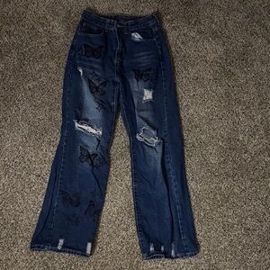 SHEIN High Rise Blue Jeans with Black Butterfly Design